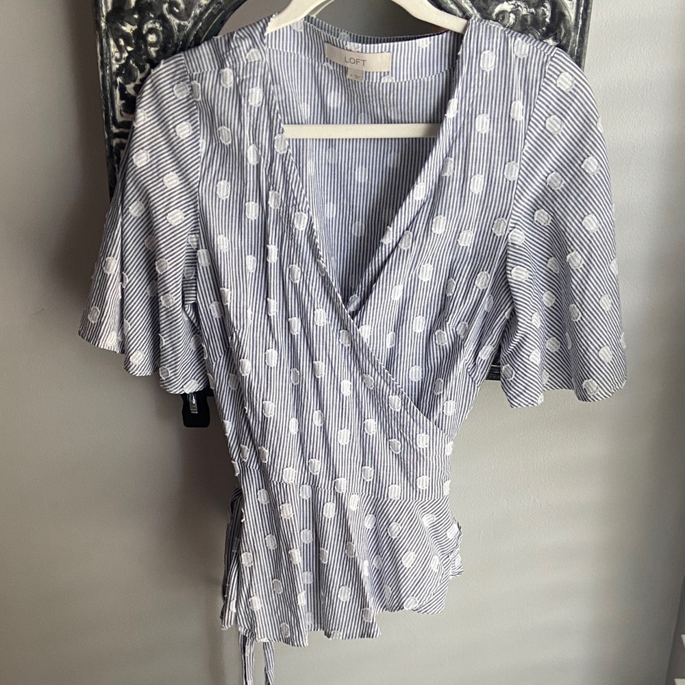 LOFT Navy and White Polka Dot Wrap Blouse